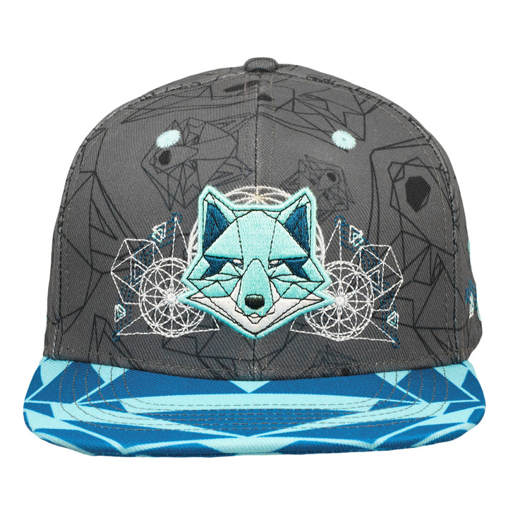 Gray snapback hat front view with aqua wolf/fox face graphic and blue wave brim.