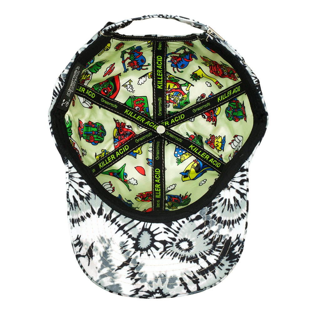 Tie-dye dad hat with multicolor graphic patch on the front and curved brim