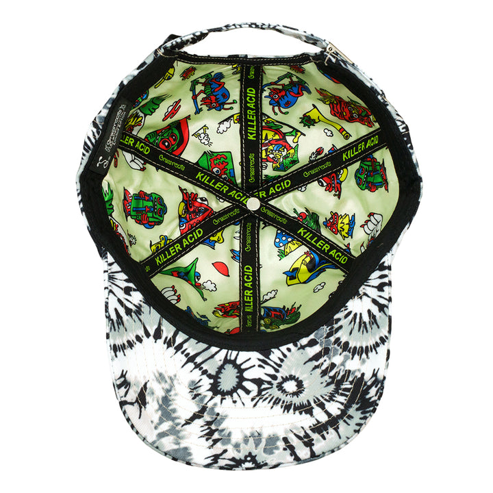 Tie-dye dad hat with multicolor graphic patch on the front and curved brim