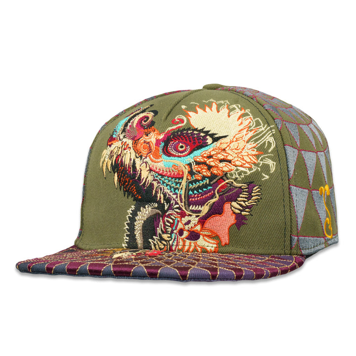 Olive fitted hat with colorful dragon and creature embroidery on the front panel