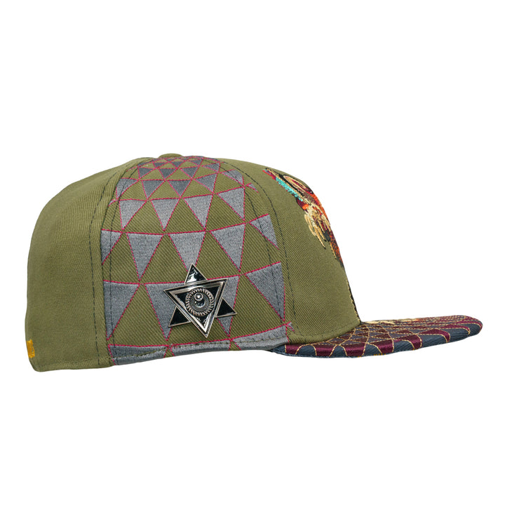 Olive fitted hat with geometric grid star emblem on front panel and patterned brim