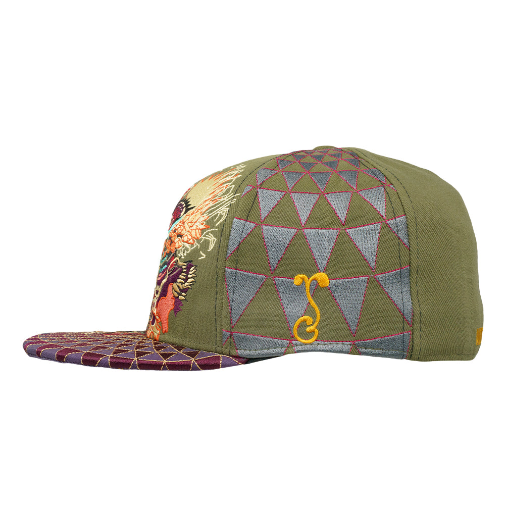 Olive fitted hat with geometric grid front, dragon illustration on side, patterned brim