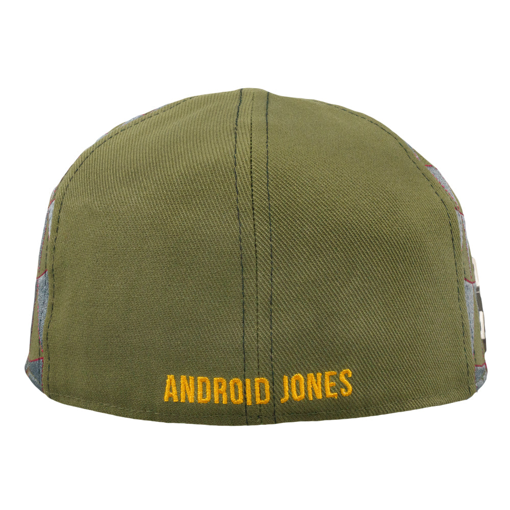 Olive fitted hat with “ANDROID JONES” text on the back panel
