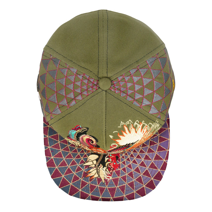 Olive fitted hat top with star-and-triangle embroidery and dragon motif on side