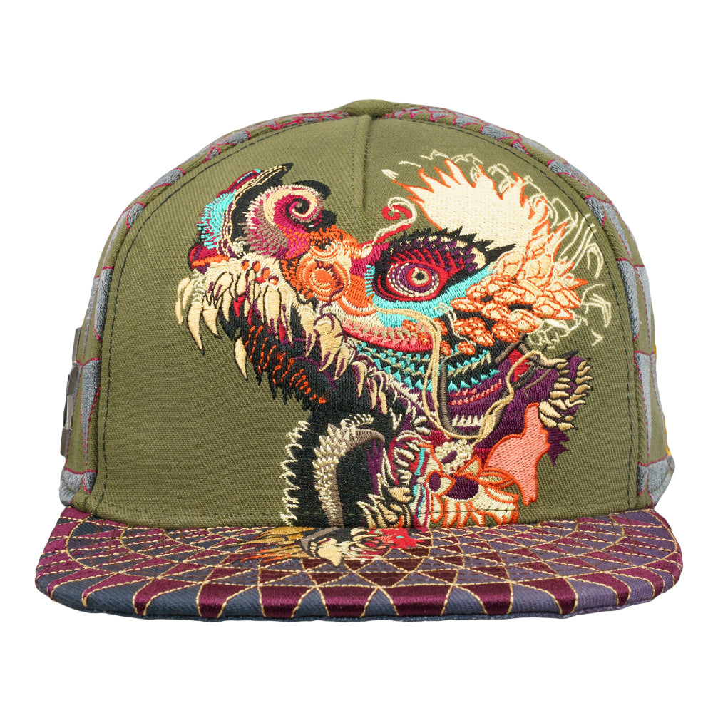 Olive fitted hat featuring a large colorful dragon skull graphic and patterned brim