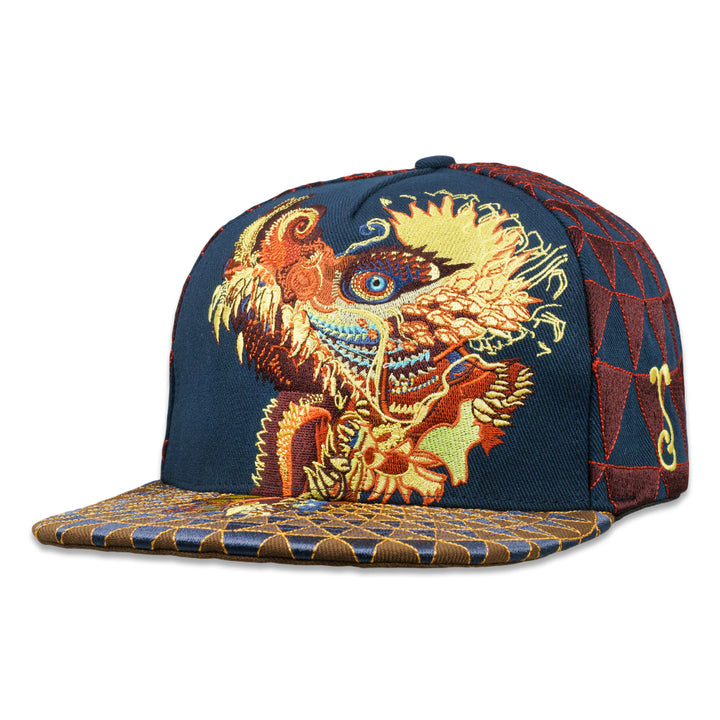 Navy snapback cap with embroidered dragon graphic and patterned brim