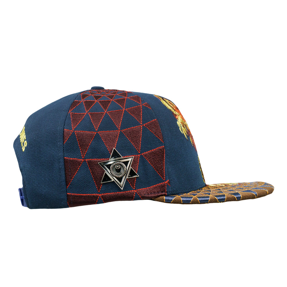 Navy snapback cap with red geometric panel and star-shaped emblem