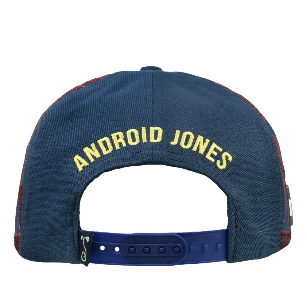 Navy snapback cap back with 'ANDROID JONES' lettering on adjustable strap
