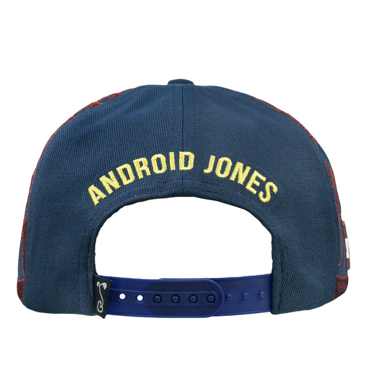 Navy snapback cap back with 'ANDROID JONES' lettering on adjustable strap