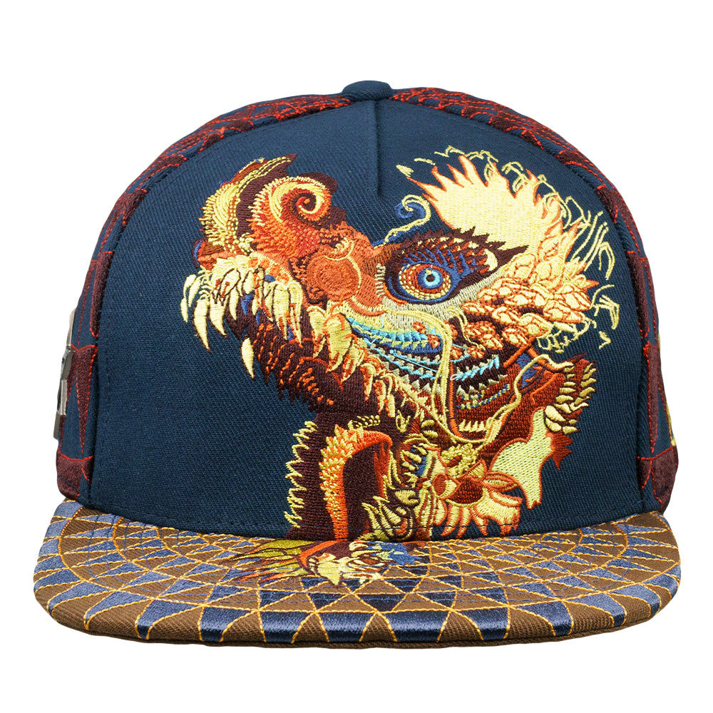 Navy snapback cap front with colorful humming dragon embroidery and patterned brim