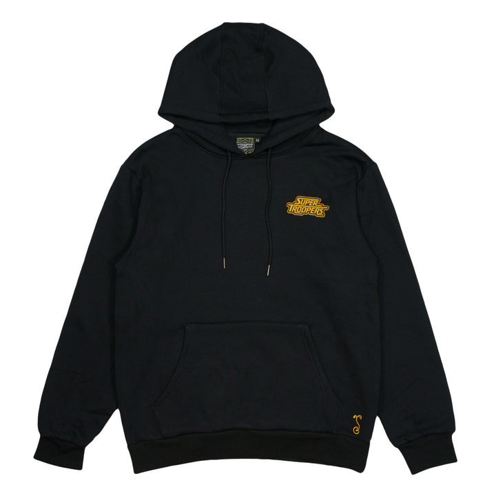 Black pullover hoodie with front kangaroo pocket and small chest logo