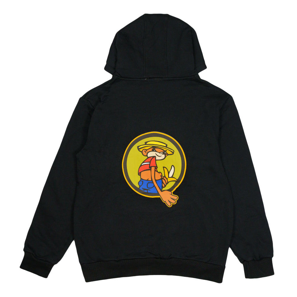 Black pullover hoodie with hood and large back character graphic