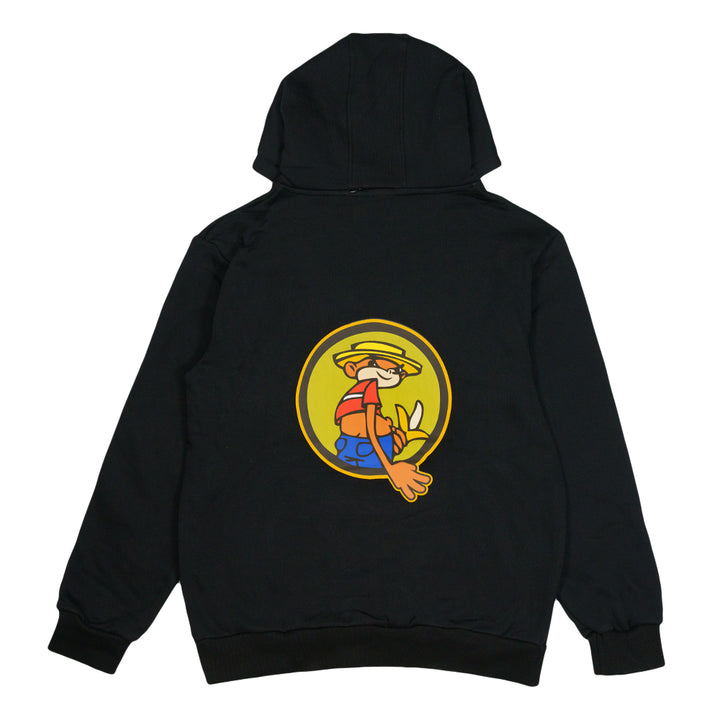 Black pullover hoodie with hood and large back character graphic