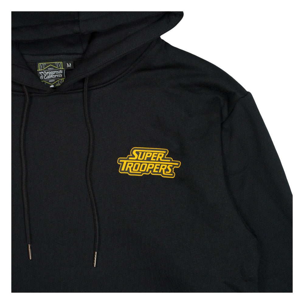 Black pullover hoodie chest logo with drawstring hood strings