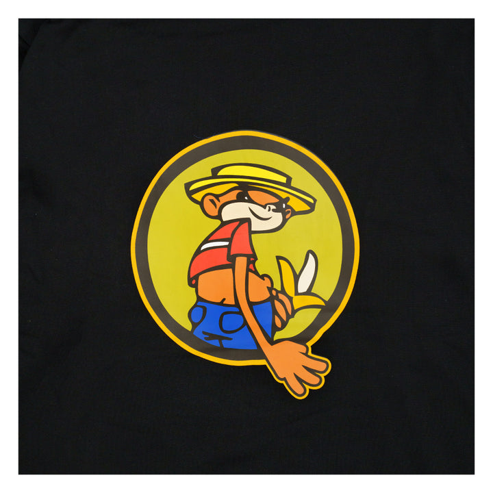 Black pullover hoodie with large back character graphic inside yellow circle