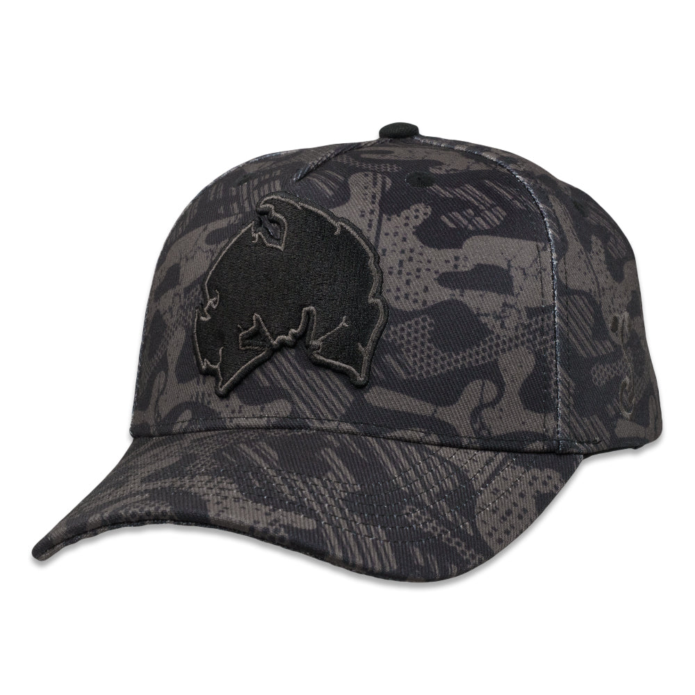 Black camo snapback hat with embroidered animal logo on front