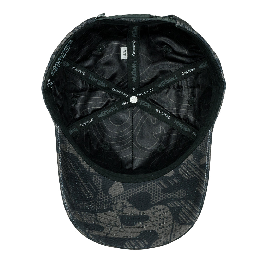 Black camo snapback hat interior with adjustable snap strap and printed lining