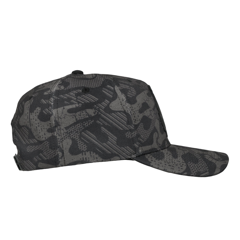 Black camo snapback hat side profile with curved brim