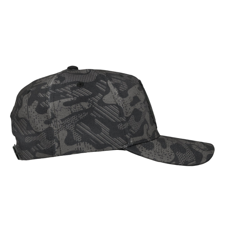 Black camo snapback hat side profile with curved brim