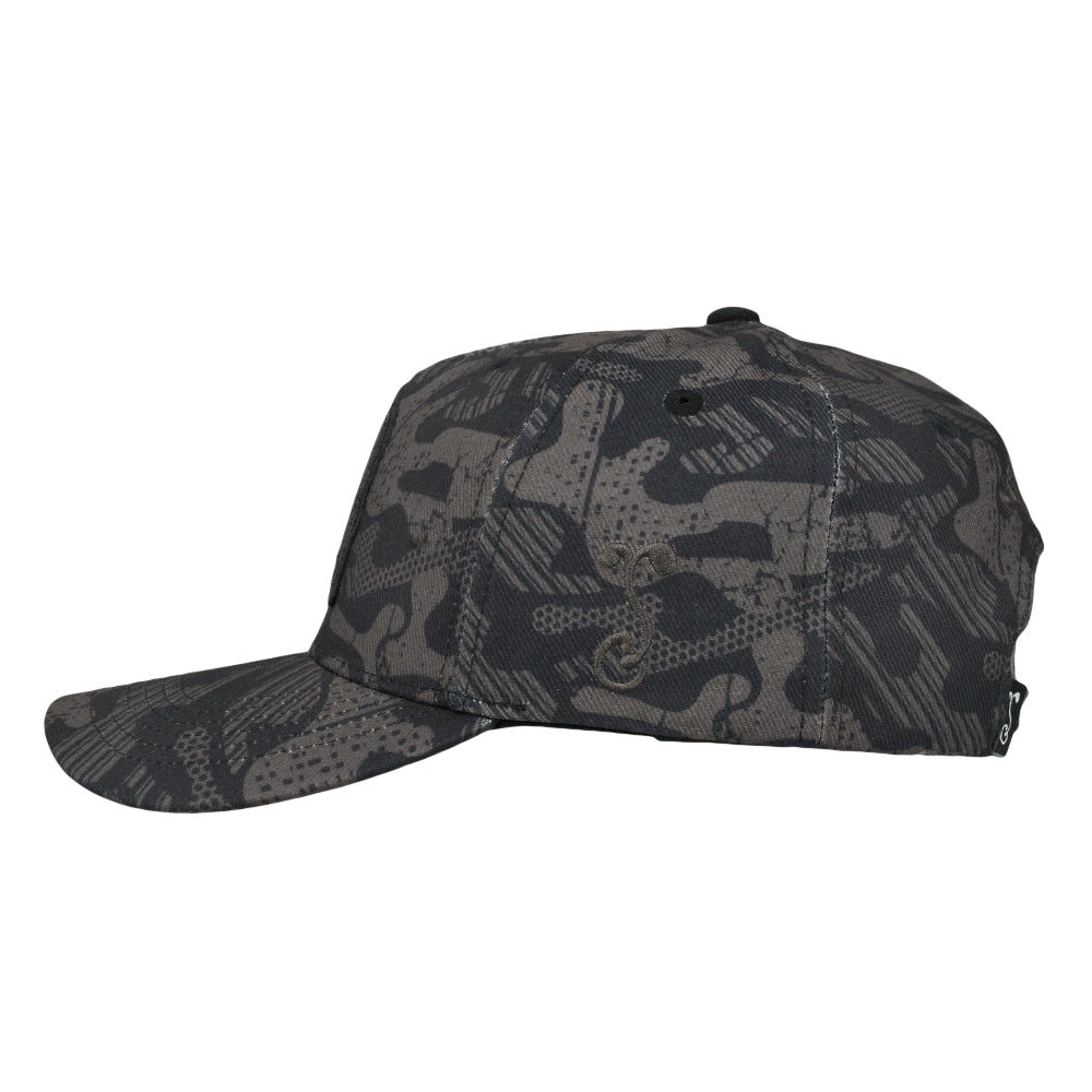 Black camo snapback hat side view with curved brim and stitched panels