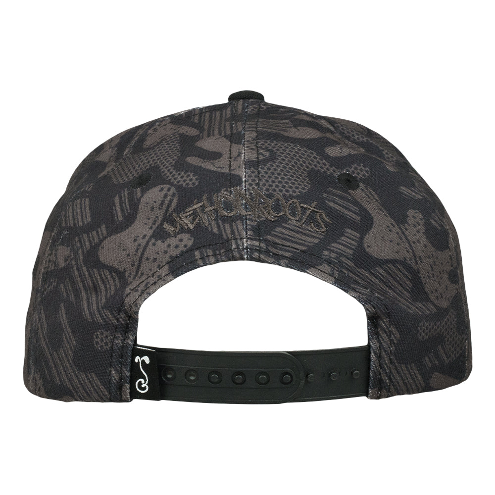 Black camo snapback hat back with adjustable black strap and snap eyelets