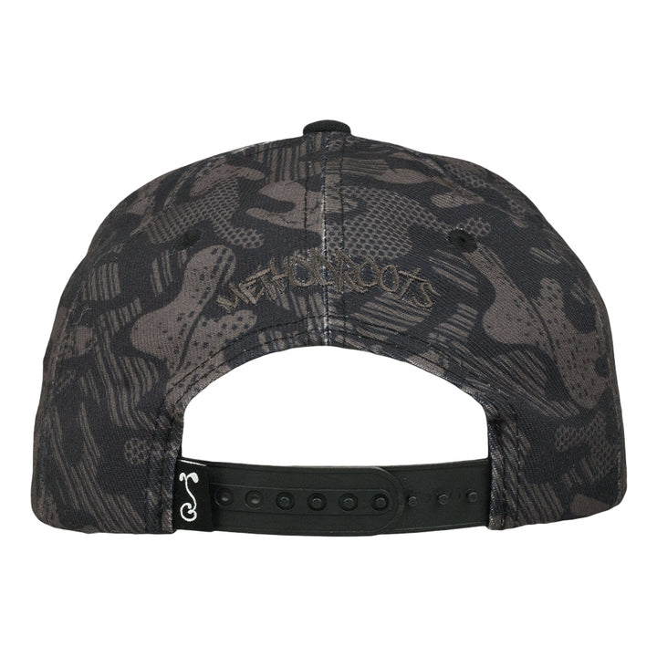 Black camo snapback hat back with adjustable black strap and snap eyelets