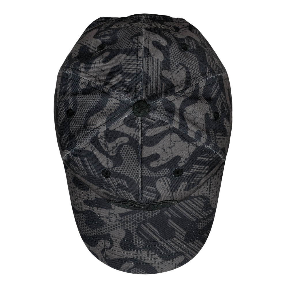 Black camo snapback hat back panel view with stitched seam details