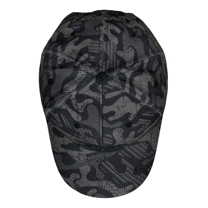 Black camo snapback hat back panel view with stitched seam details