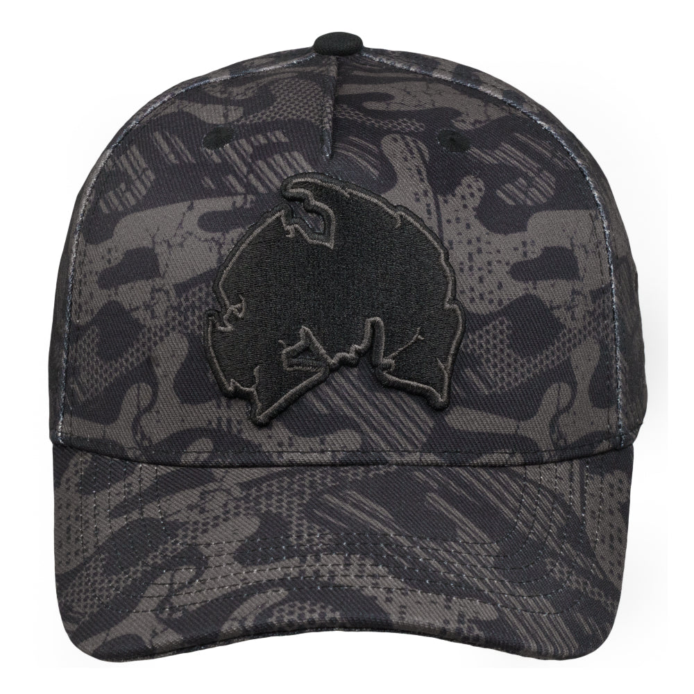 Black camo snapback hat front close-up with embroidered animal logo and curved brim