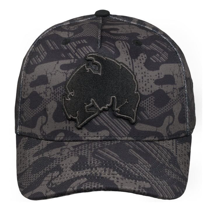 Black camo snapback hat front close-up with embroidered animal logo and curved brim