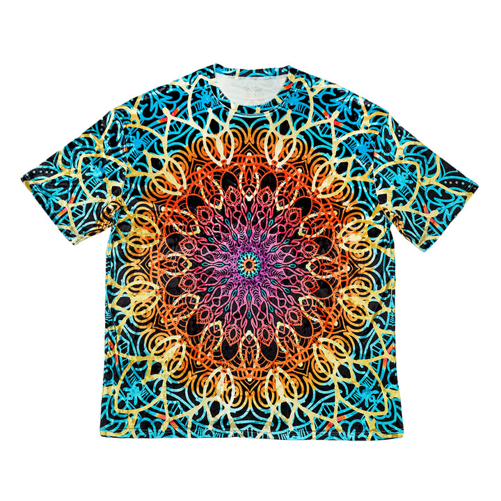 Multicolor crushed velour T-shirt with mandala graphic, short-sleeve crew neck (front)