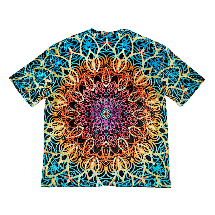 Multicolor crushed velour T-shirt with mandala graphic, short-sleeve crew neck (back)