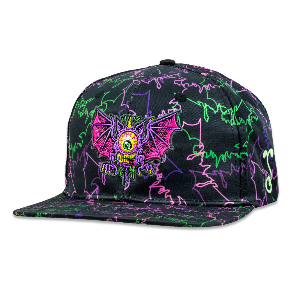 Black snapback hat with neon purple and green graffiti and embroidered eye patch