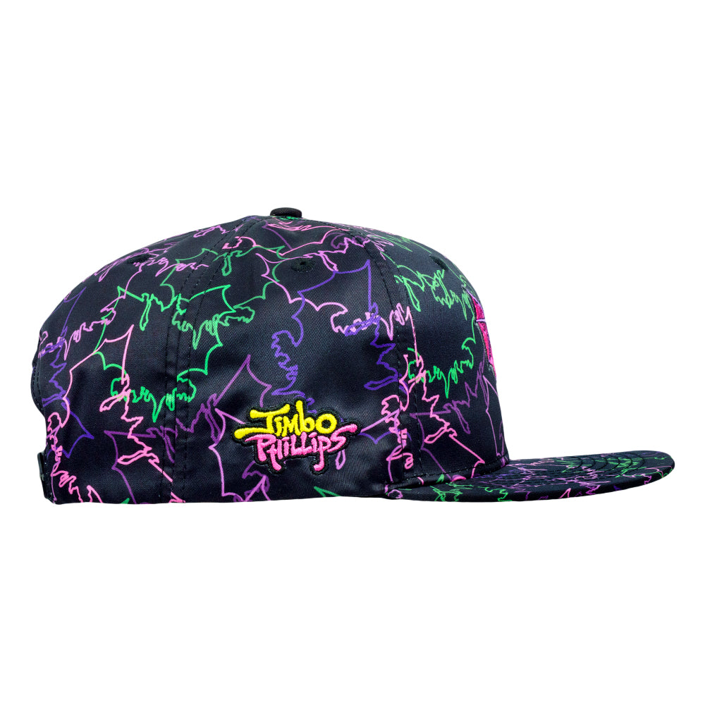 Black snapback hat with neon purple and green graffiti and small front logo