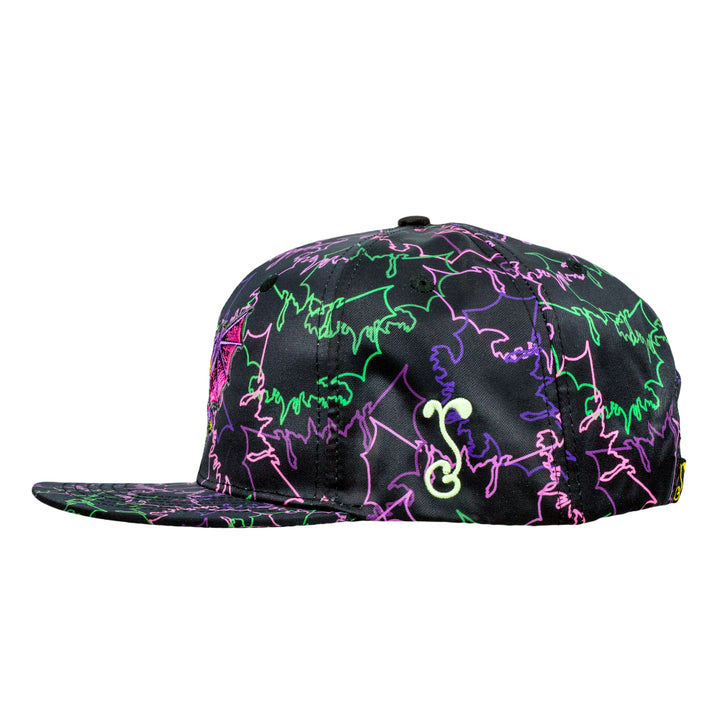 Black snapback hat with neon purple and green scribble pattern