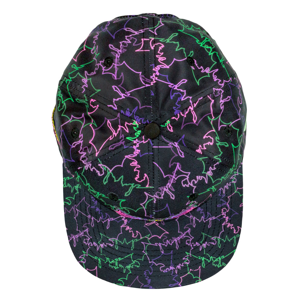 Black snapback hat back view with neon purple and green graffiti and top button