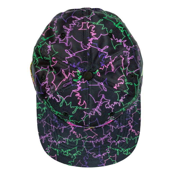 Black snapback hat back view with neon purple and green graffiti and top button