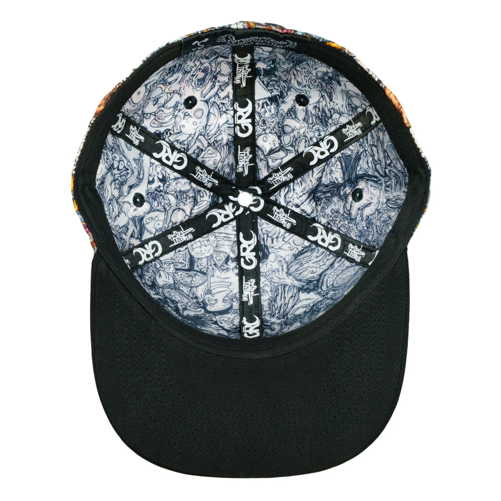 Fitted cap underside with a black brim, illustrated lining, and branded seam tape