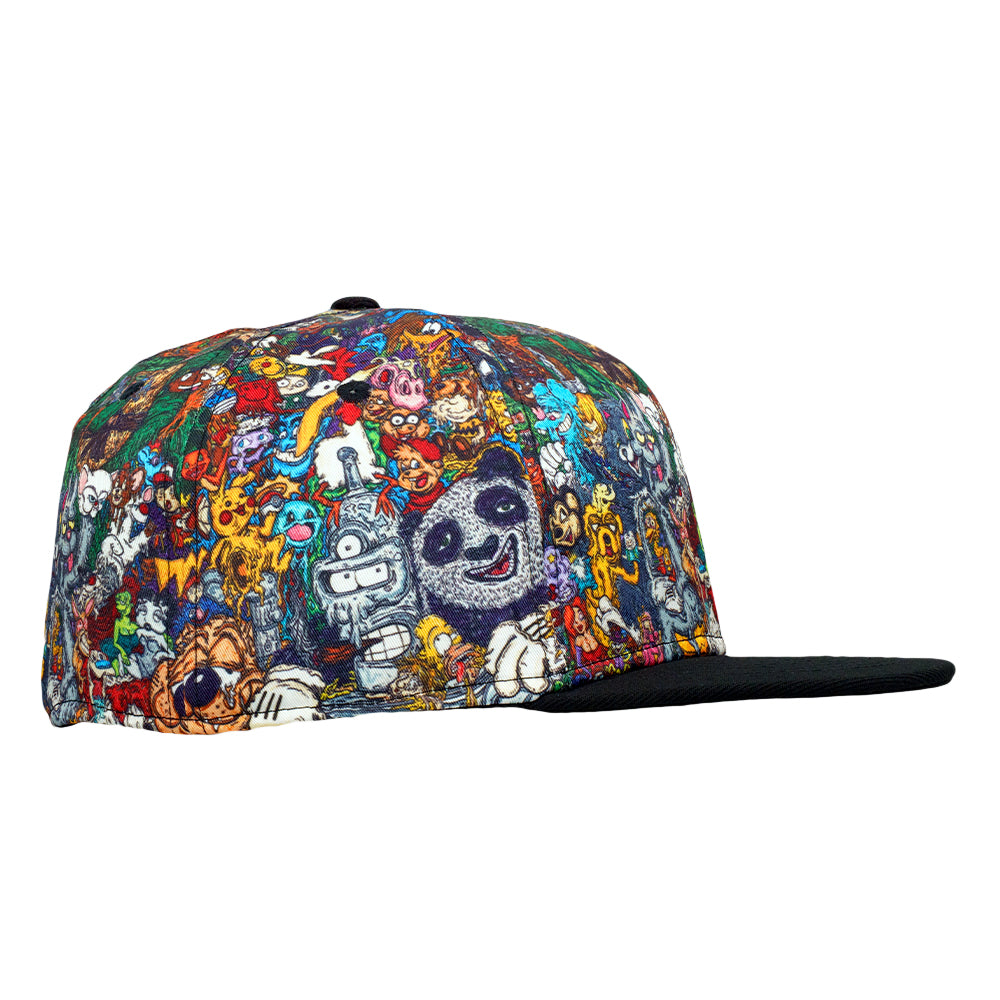 Multicolor cartoon-print fitted cap shown from the side with its black flat brim