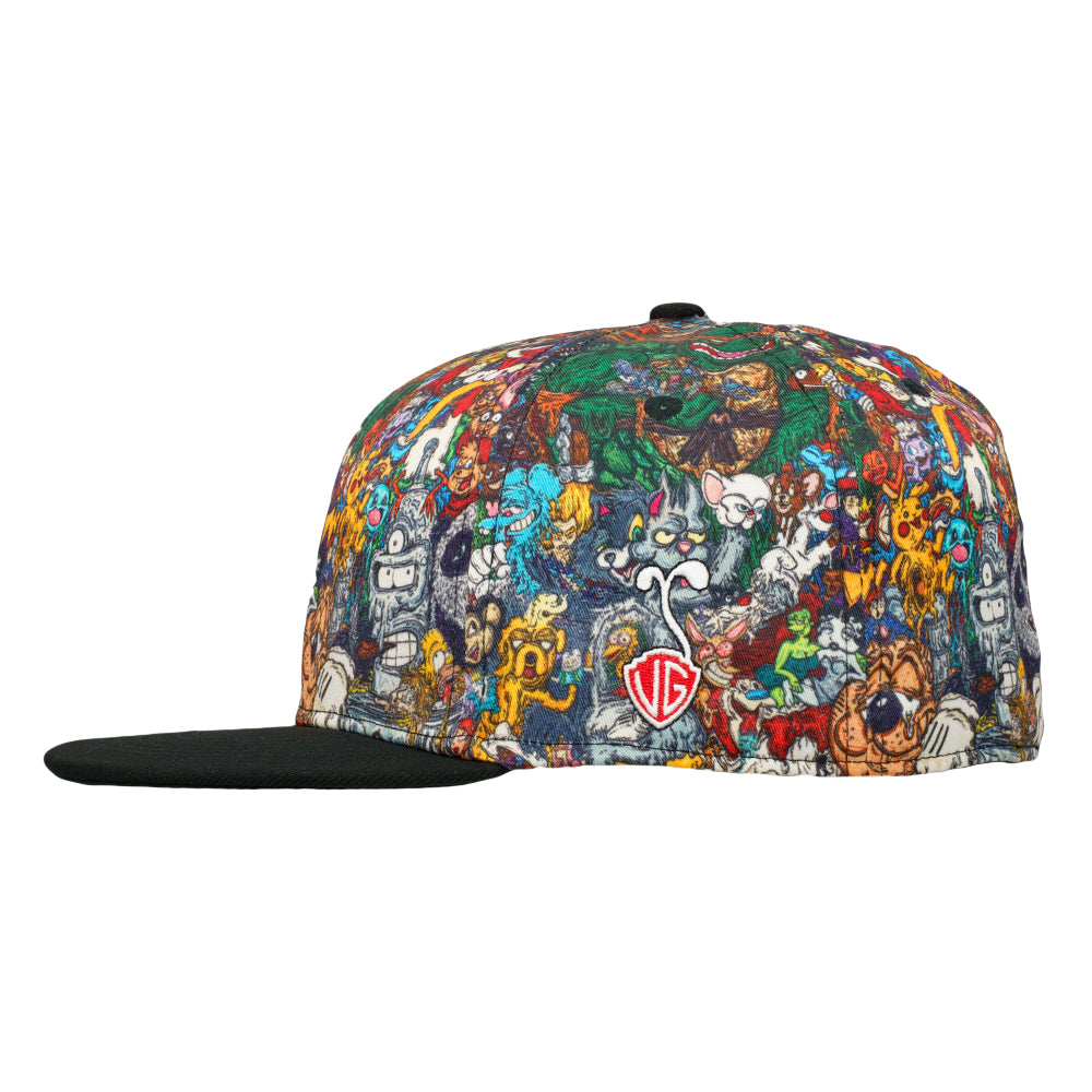 Fitted cap side view with dense multicolor cartoon print and a black flat brim