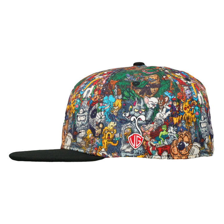 Fitted cap side view with dense multicolor cartoon print and a black flat brim