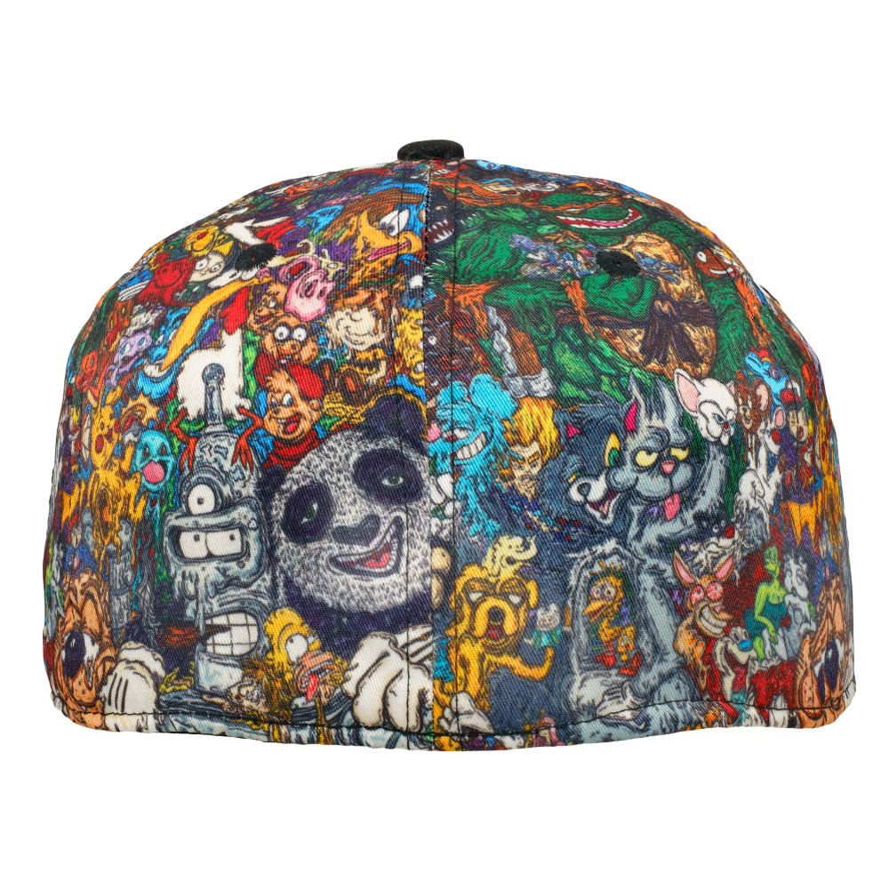 Back view of a fitted cap covered in multicolor cartoon illustrations
