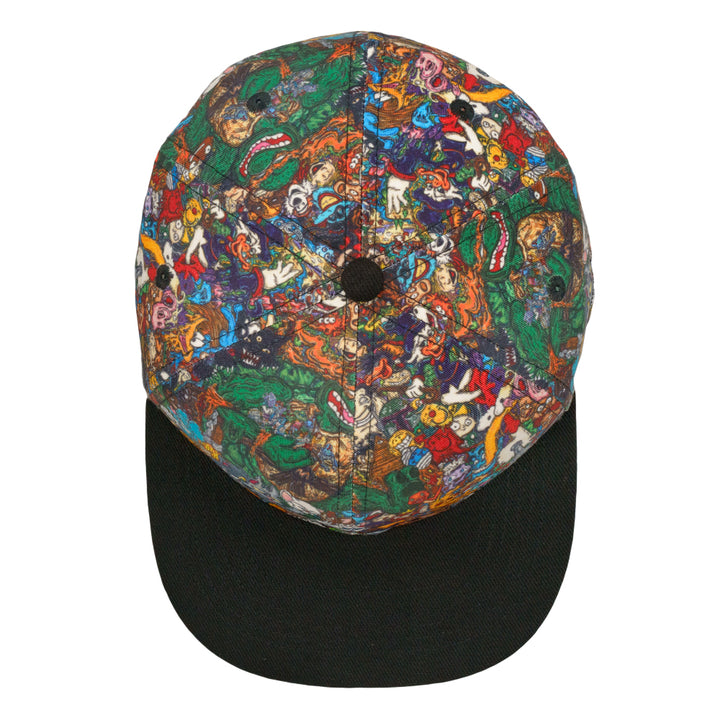 Top view of a multicolor cartoon-print fitted cap with a black brim