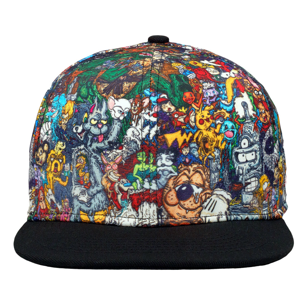 Front view of a multicolor cartoon-print fitted cap with a wide black flat brim