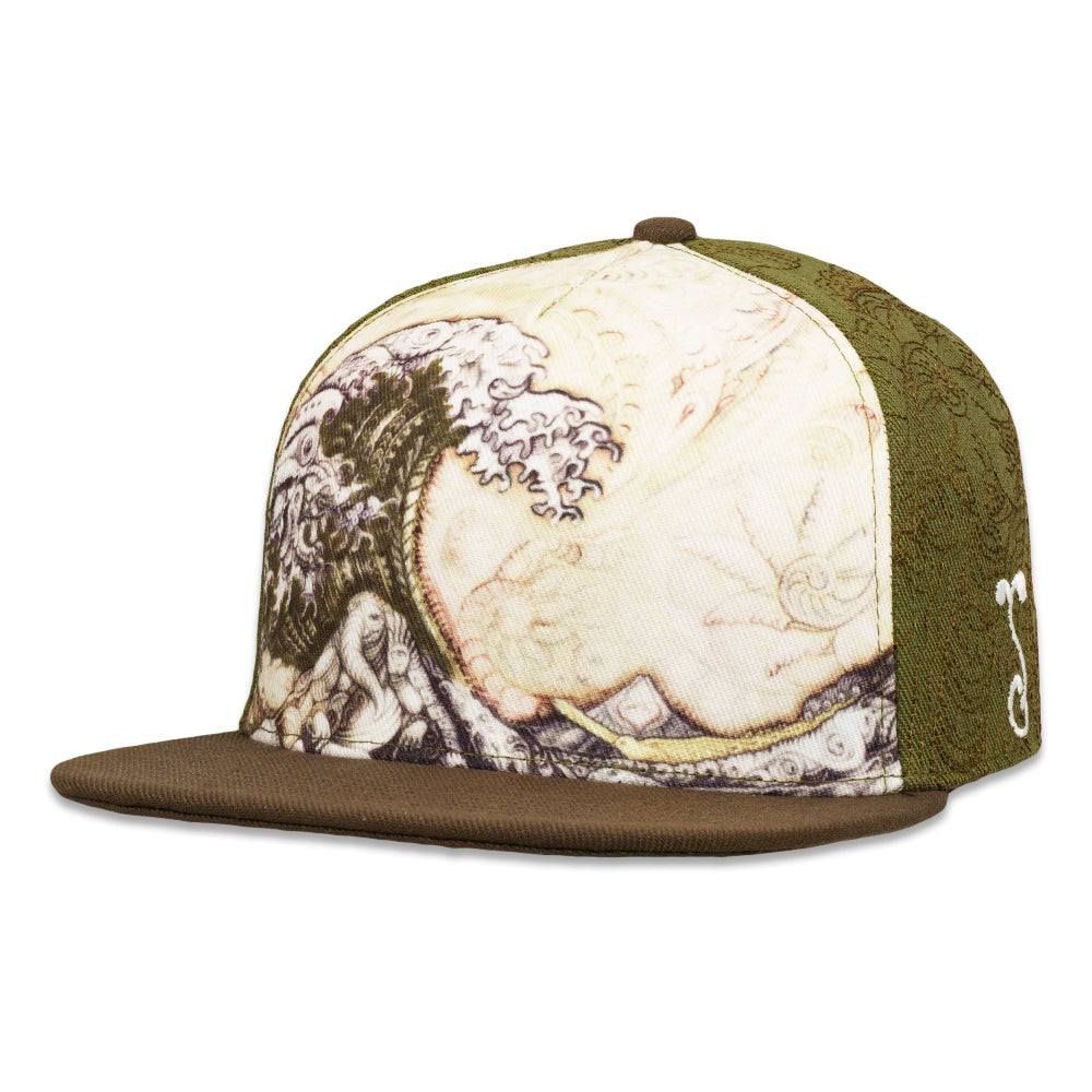 Olive fitted hat with Great Wave artwork on the front and a brown flat brim