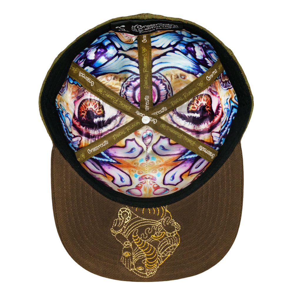 Fitted hat underside with colorful printed lining and embroidered brown brim