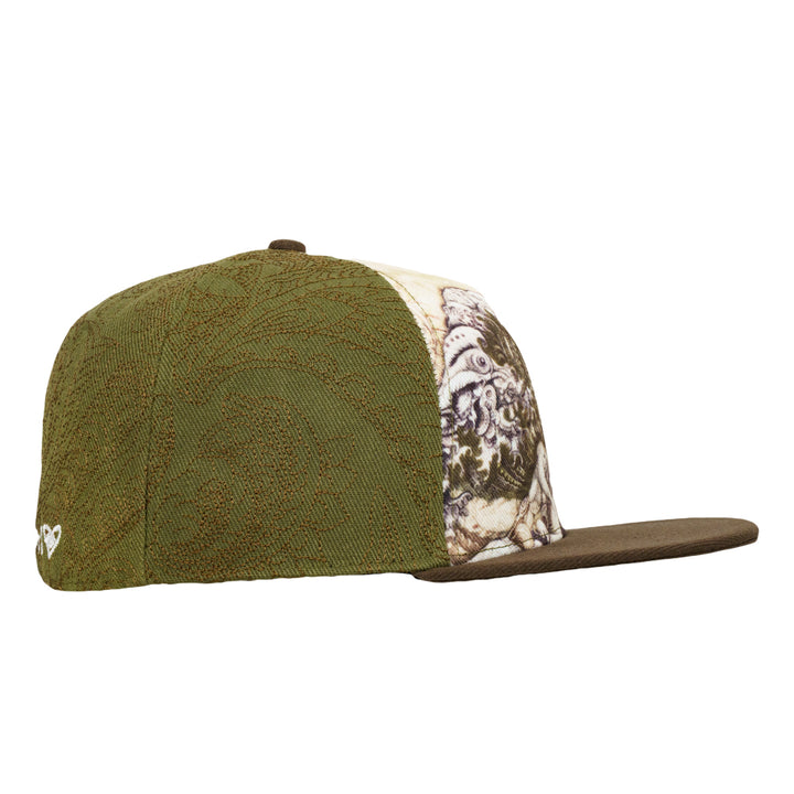 Olive fitted hat rear view with subtle woven pattern and brown flat brim