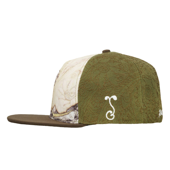 Side view of fitted hat with olive patterned panel, white emblem, and wave print