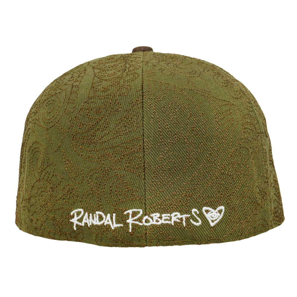 Olive fitted hat back with woven pattern and white Randal Roberts embroidery