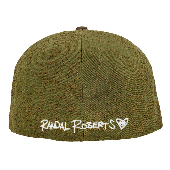 Olive fitted hat back with woven pattern and white Randal Roberts embroidery